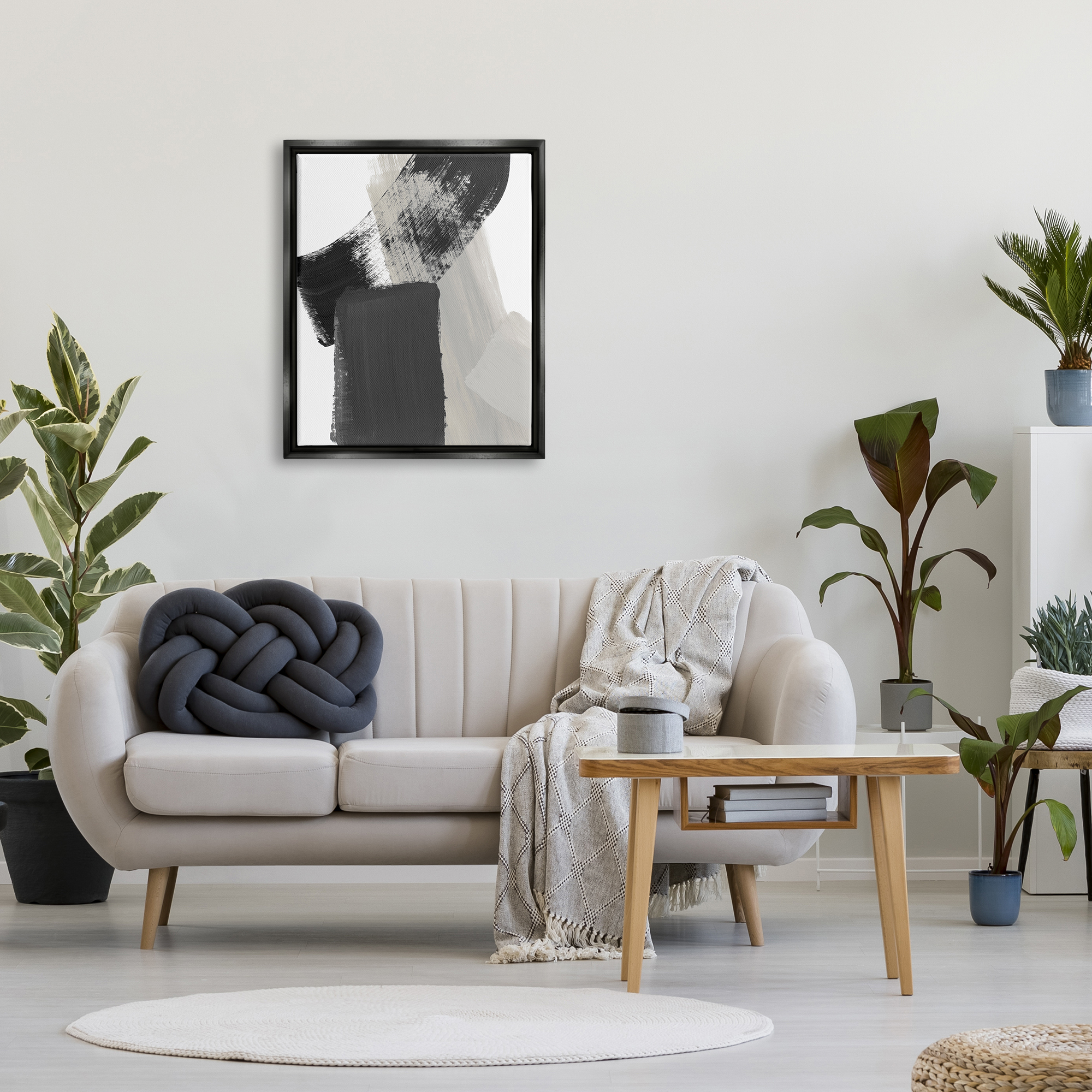 Stupell Industries Black & Beige Abstract Abstract Painting Black Floater Framed Art Print Wall Art, 25 x 31