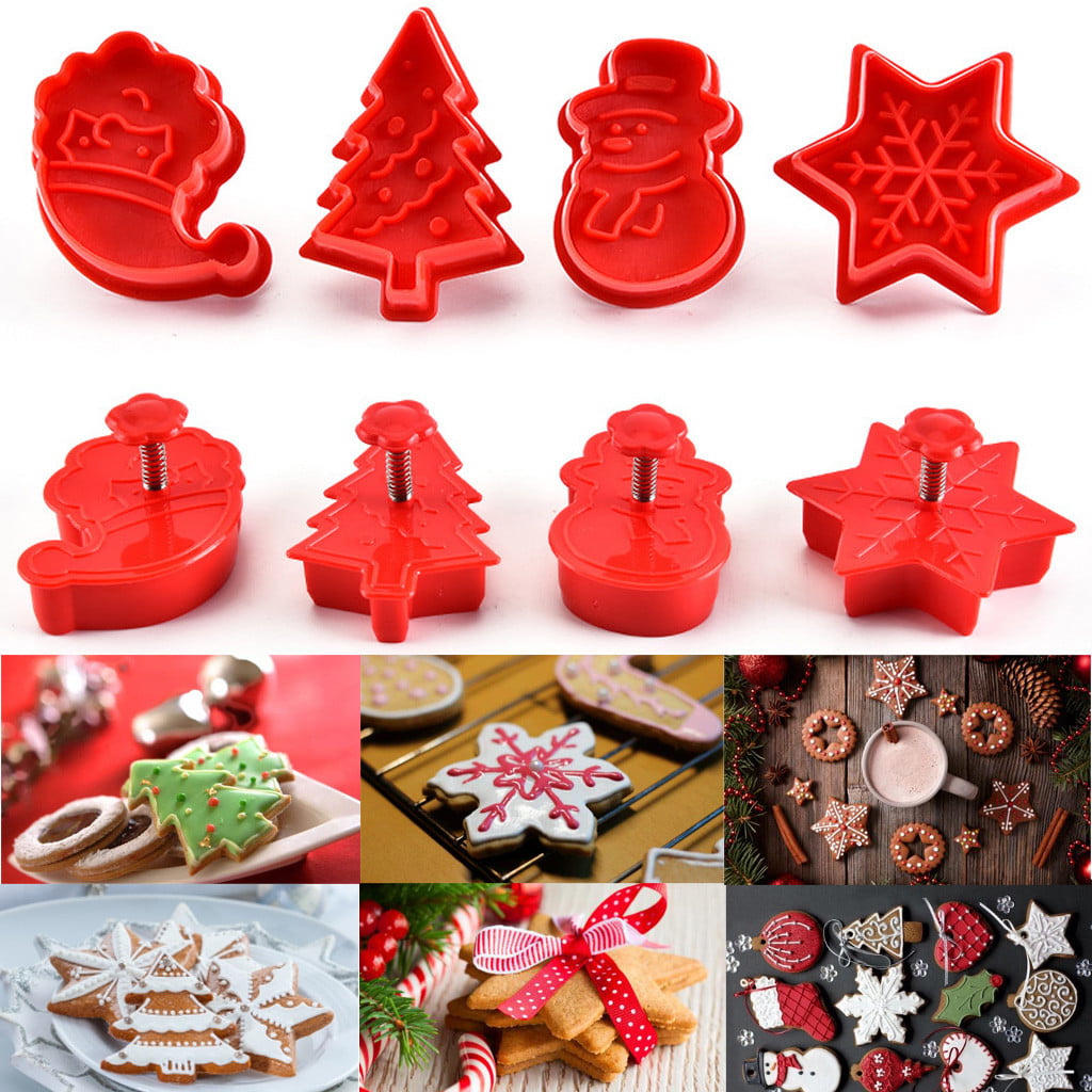 4Pcs/Set Christmas Cookie Biscuit  Plunger Cutter Mould Fondant Cake Mold Baking 