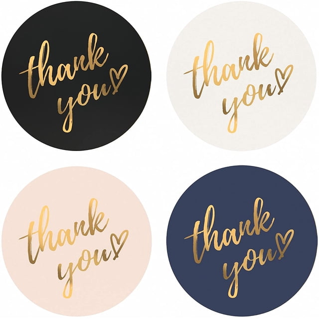 Party Thank You Stickers Roll | Simple And Sincere | 1.5 Inch | Waterproof | 500 Labels For Small Business, Packaging, Mailer Seal Stickers | 4 Classic Colors With Gold Foil Design