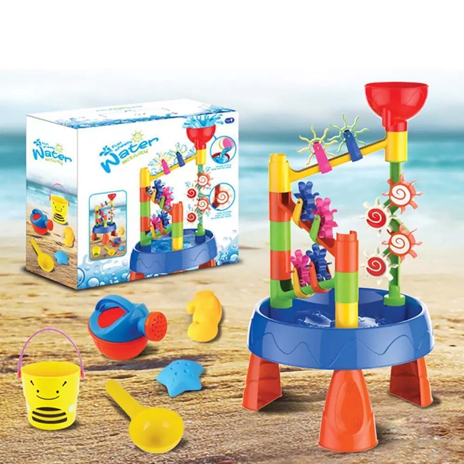 FEOLGEHLY Beach Toys for Boys and Girls 1 Water Sand Table Boys and Girls Plaything 4 Windmill, Water Wheel Funnel Beach Table Portable Water Wheel Funnel Beach Table Setup
