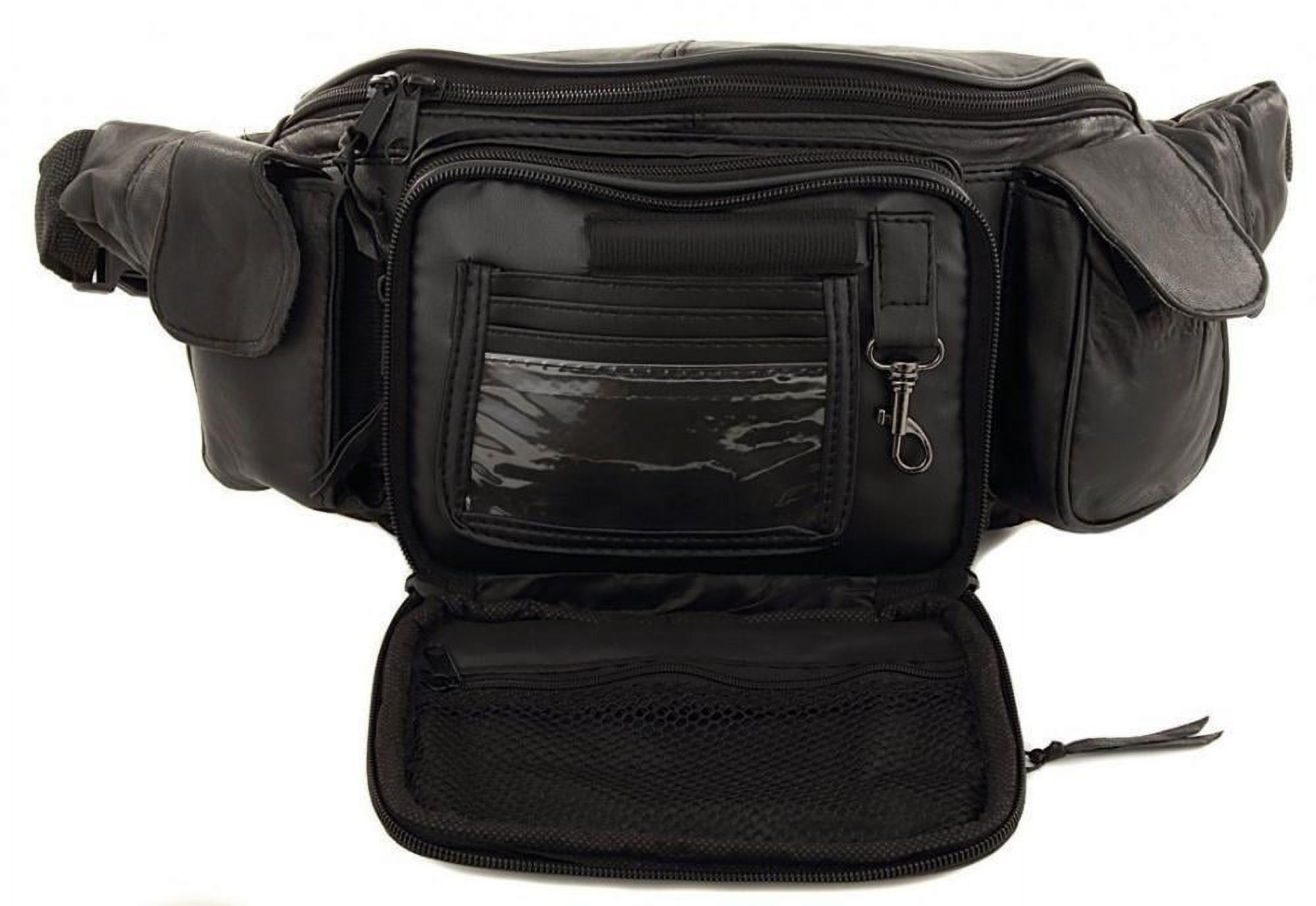New Large 8 Pocket Genuine Leather Waist Hip Lumbar Fanny Fannie Pack Bag Black with Dual Cell Phone Pockets and Dual Organizer