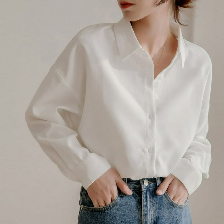 Pikadingnis Women Blouses Office Lady Cotton Tops Long Sleeve Thick Autumn Winter Korean Fashion Shirts, Adult Unisex, Size: Large, White