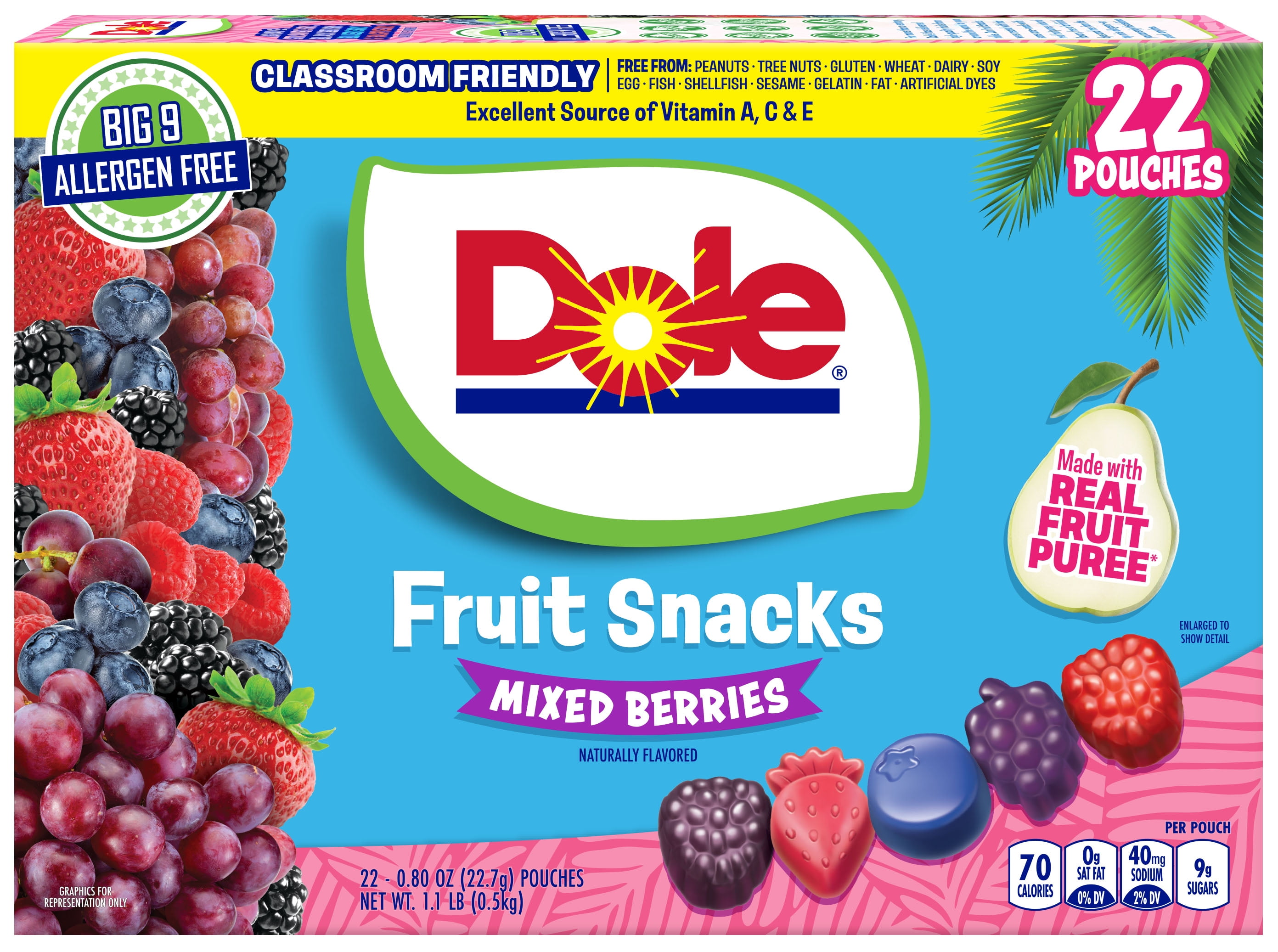 Dole Fruit Snacks, Mixed Berries Flavored, Big 9 Allergen Free