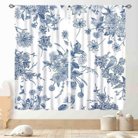 Blue Floral Curtains, Boho Vintage Flower Leaf Chinoiserie Retro Spring Oriental Asian Style Aesthetic Window Curtains for Living Room Bedroom Kitchen Bathroom 2 Panels, 42"x54" Inch