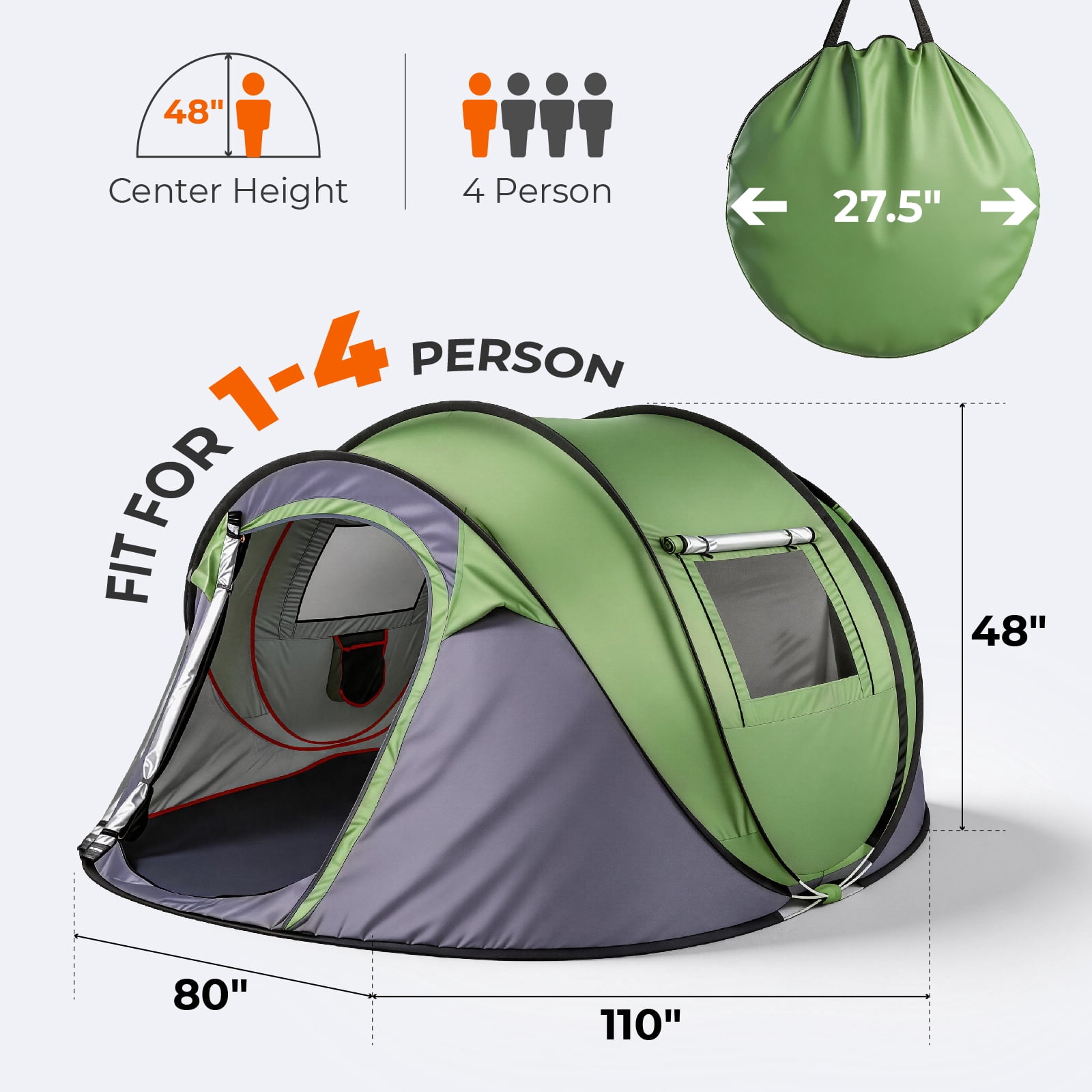 3-4 Person Instant Pop-Up Camping Tent, Waterproof Silver-Coated Polyester with Front Awning, Dual Mesh Doors, Portable Outdoor Shelter for Camping, Beach, Festival and Backyard