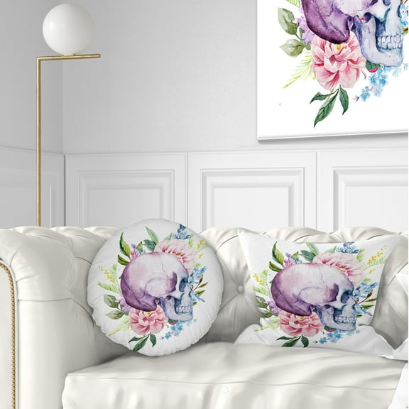 Designart Skull with Flower Borders - Floral Throw Pillow - 12x20