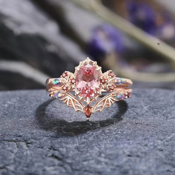Gothic Pink Sapphire Engagement Ring Set – Spider & Bat Wing Wedding Rings for Women in 14K Rose Gold Vermeil | Opal & Garnet Cluster Design