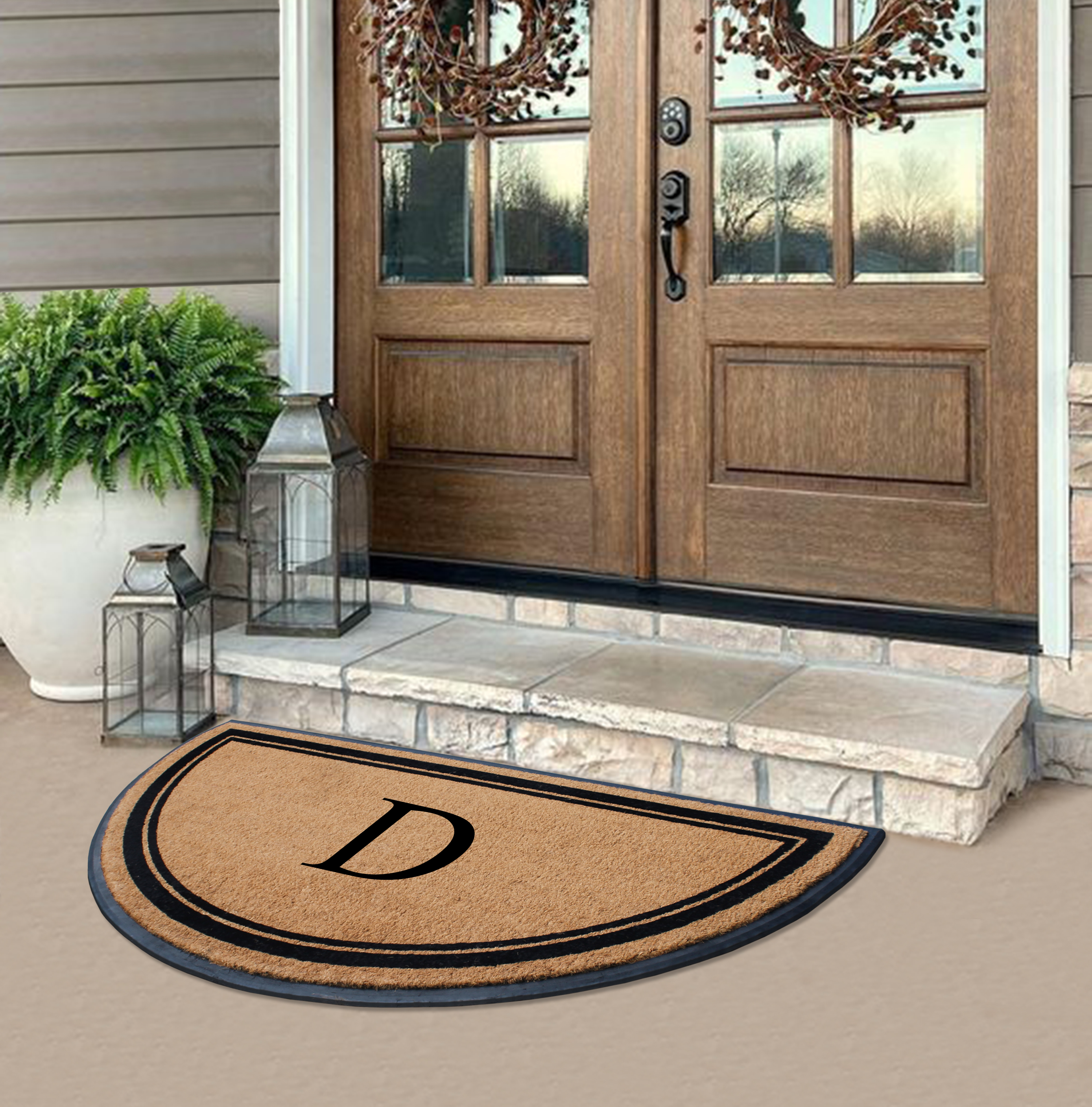 A1HC 36"x72" Natural Coir & Rubber Semicircular Monogrammed Door Mat, Thick, Durable, Heavy-Duty Welcome Mat for Front Door, Black Border