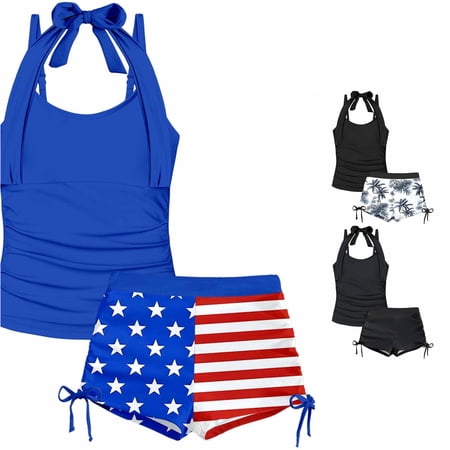XIYON Toddler Kids Girls 2 Piece Swimsuit Sleeveless Suspenders Solid Color Tankini Top And Bottoms Comfortable Fashion Swimwear For Swimming Beach Pool Blue 7-8 Years