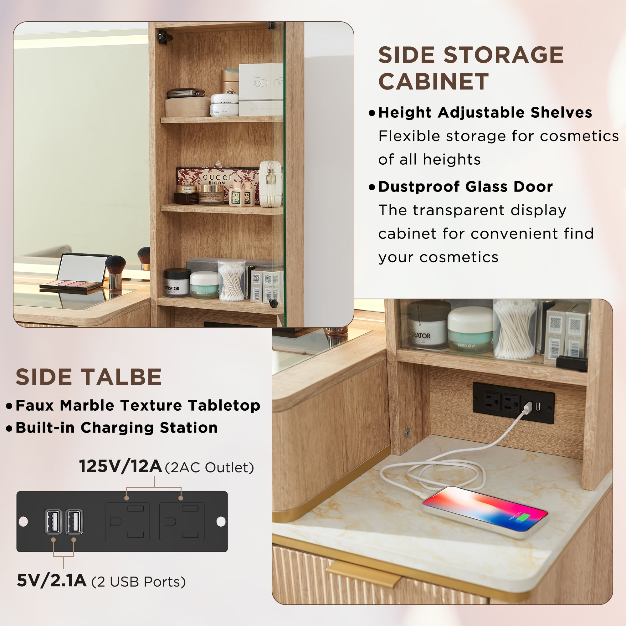 OKD Makeup Vanity Table with Lights and Mirror, Vanity Desk with 5 Drawers and Charging Station for Bedroom,Oak