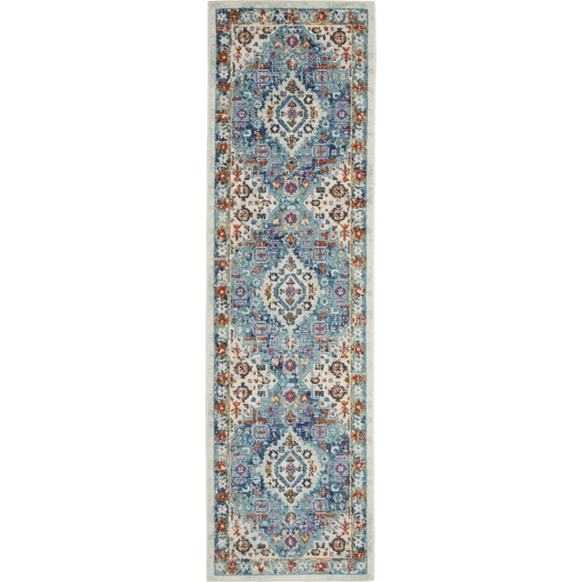 homeroots home decor 385619 2’ x 8’ Ivory and Blue Floral Motifs Runner Rug