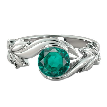 - 1 CT Lab Created Green Emerald Stone Ring 14K White Gold Flower Leaves Leaf