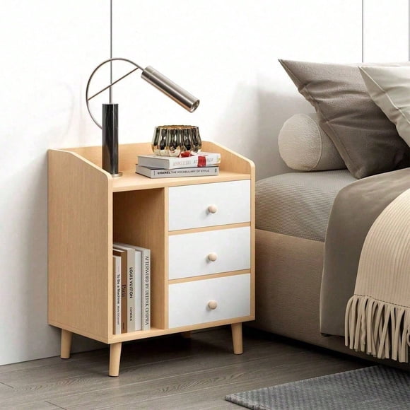 Mesita de Noche con 3 Cajones y Estante de Almacenamiento, Mesa Auxiliar Multifuncional para Recámara, Sala, Sofá, Cama u Oficina
