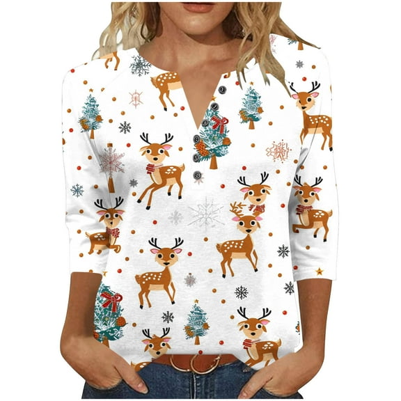 LiMoi Women's Classic Christmas Reindeer Top 3/4 Sleeve V Neck Blouse for Family Gatherings Tees Tshirts Shirts My Items