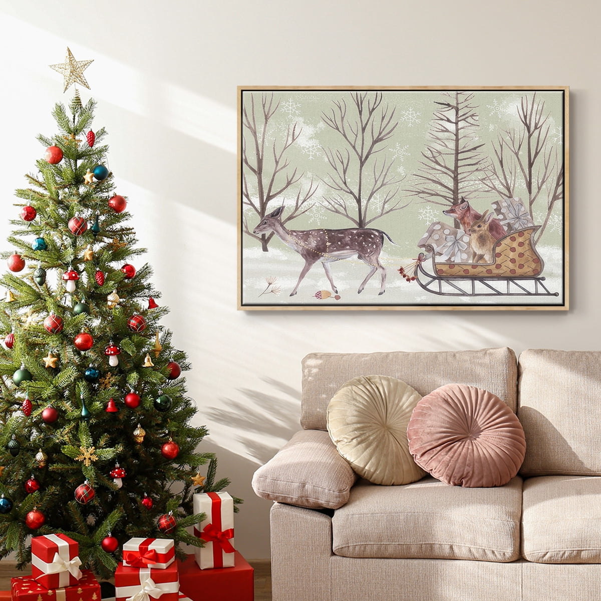 Christmas Time II - Framed Gallery Wrapped Holiday Canvas - 25 x 37 - Natural Wood Frame