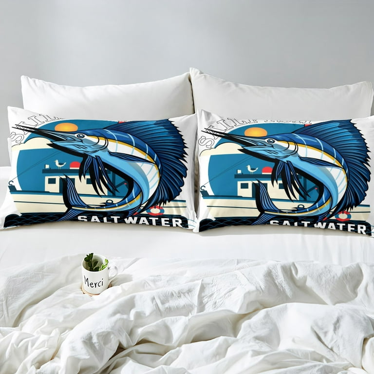 Beach Themed Comforter Cover Cartoon Marlin Swordfish Bed Sets for Toddler,  Hunting Duvet Cover Queen Fishing Bedding Set, Cute Sea Ocean Animal  Bedspread Cover Kids Room Decor 3pcs 