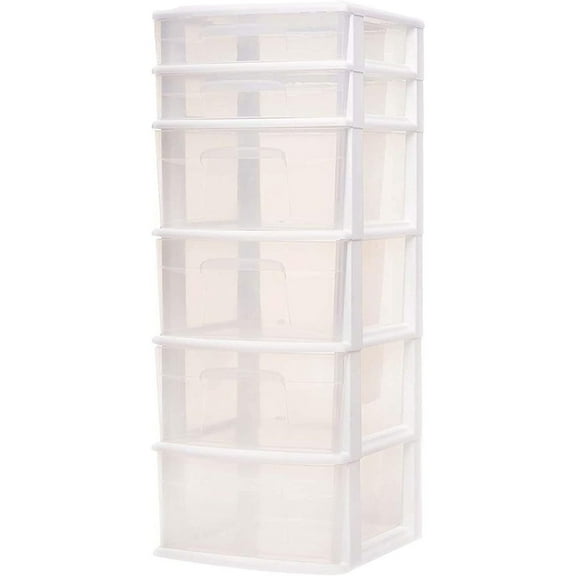 Bilot Plastic 6 Drawer Medium Storage Tower, White Frame, Clear Drawers, Set of 1
