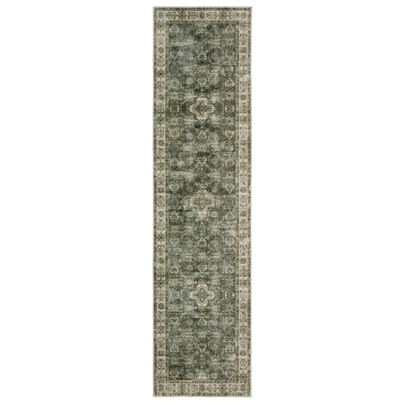 Oriental Weavers Malibu Washable Area Rug - MAL04 - 2' x 8' - in Green/ Beige - Vintage Inspired, Non-Slip, Stain Resitant, Ultra Low Pile, Entryway, Hallway Runner Rug