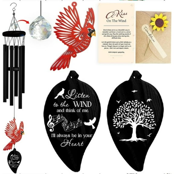 Memorial Wind Chimes Personalized Cardinal Leaf Design, Black Outdoor Sympathy Wind Chime for Loss of Loved One, Remembrance Garden Gift with Poem Card, Message Card, Crystal Gift Box