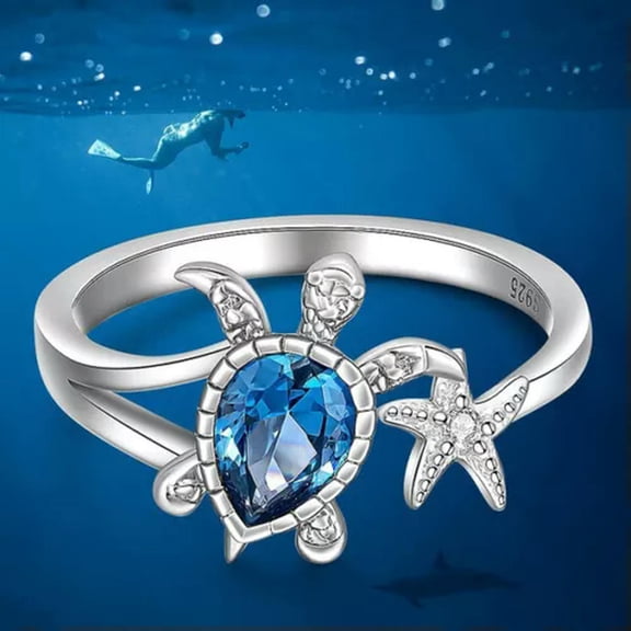 QQTDFG Women 925 Silver Blue Turtle Starfish Cubic Zirconia Open Rings Party Jewelry-Blue-Adjustable