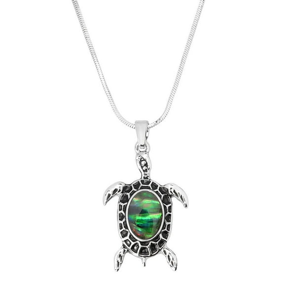 Sea Turtle Pendant Necklace Abalone Shell Rhodium Plated 17 Inch Snake Chain J0844