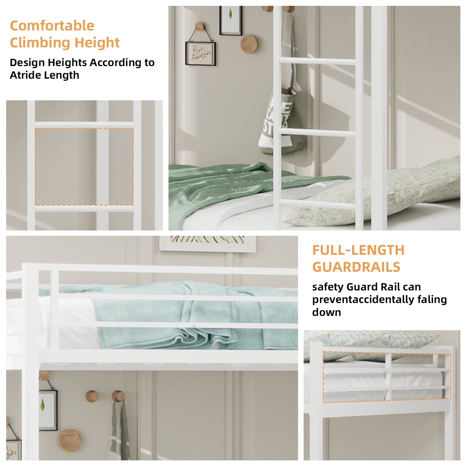 Miniyam Metal Full over Full Bunk Bed with Trundle, Space Saving Bunk Bed Frame with Ladder and Guardrails for Dorm, Apartment, White