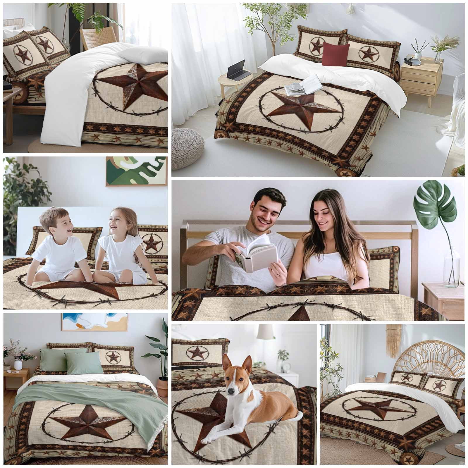 Cal King 4 Piece Bedding Set Country Star Texas Farm Wood Plank Soft Breathable Duvet Cover and Pillowcase,Farmhouse Vintage Linen Duvet Cover Set Washable Bed Sheets for Bedroom Dormitory Guest Room