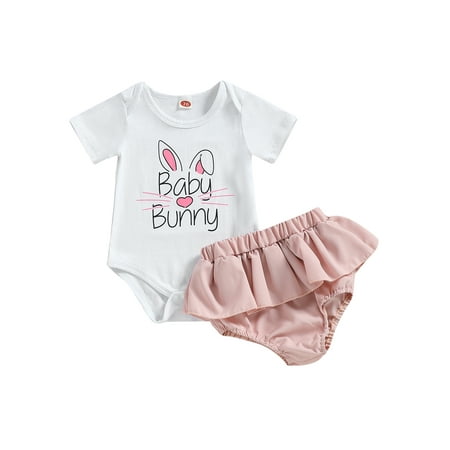 

jaweiwi Easter Baby Girls Shorts Clothes Set Short Sleeve Letters Print Romper with Elastic Waist Ruffled Shorts Outfits 3 6 12 18 24 M