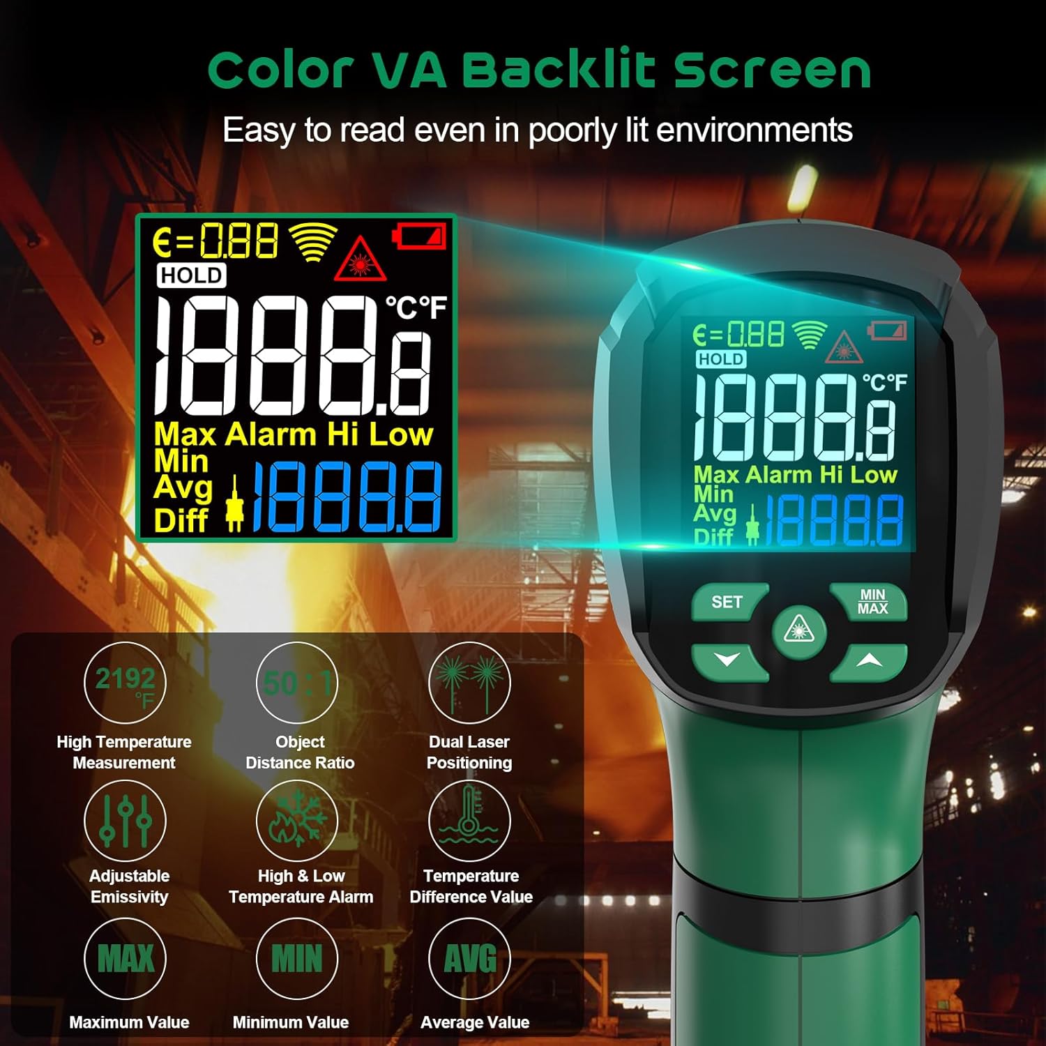 Infrared Thermometer Gun,SQECH Laser Thermometer Gun -40℉～2192℉(-40℃～1200℃),50:1 Non-Contact High Temp Thermometer with Thermocouple Probe,Color Backlight,Adjustable Emissivity,for Industry&Home