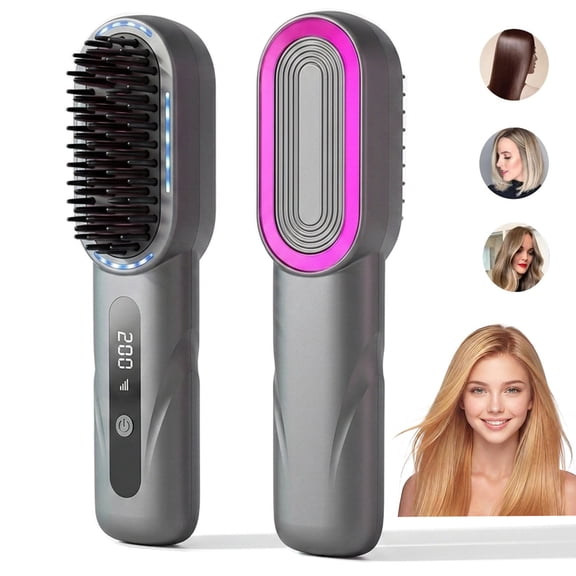 Cordless Hair Straightening Brush, Ceramic Ionic Anti-Frizz Hair Brush, 20 Second Quick Heat Up, Adjustable Temperature, Travel Portable Styling Tool