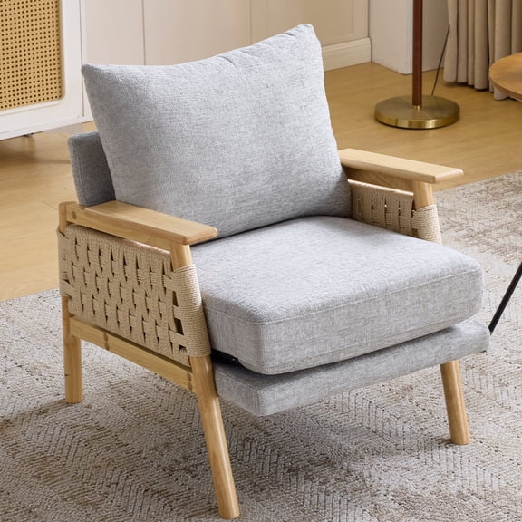 Ktaxon Boho Woven Accent Chair, Chenille Upholstered Armchair with Rubberwood Arms, Rope Weave Lounge Chair with Lumbar Pillow for Living Room Bedroom Gray