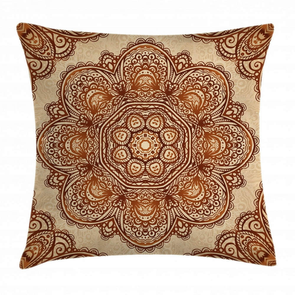 India Throw Pillow Cushion Cover, Mehndi Style Floral Flower with
