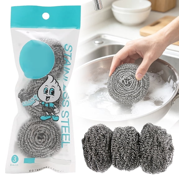 JGAIUMG Stainless Steel Cleaning Ball,Steel Wool Scrubber Sponge,Kitchen Cleaning Utensil,Brillo Pad Scrubber,Heavy-Duty For Scouring Stubborn Messes On Pots,Pans,Stoves & More, 3Pcs