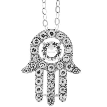 18K White Gold Plated Necklace with Hamsa (Hand of Fatima) Design with a 16 Extendable Chain and High Quality Crystals by Matashi