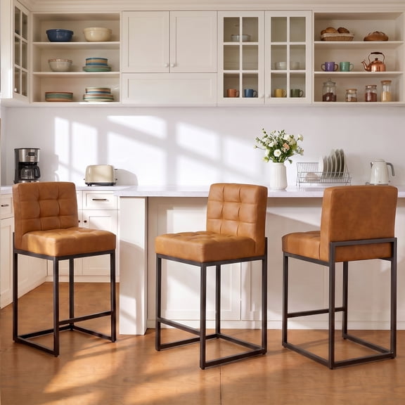 GrandNoor Modern Counter Height Bar Stools Set of 3,25 inch Checkered Wiring Thick Upholstered Barstools with Back Sturdy Metal Legs, Brown Faux Leather Counter Stools for Kitchen Island