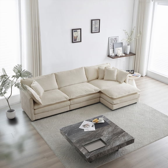 Modern Beige Chenille Oversized L-Shaped Sectional Sofa with Reversible Ottoman and Solid Wood Frame
