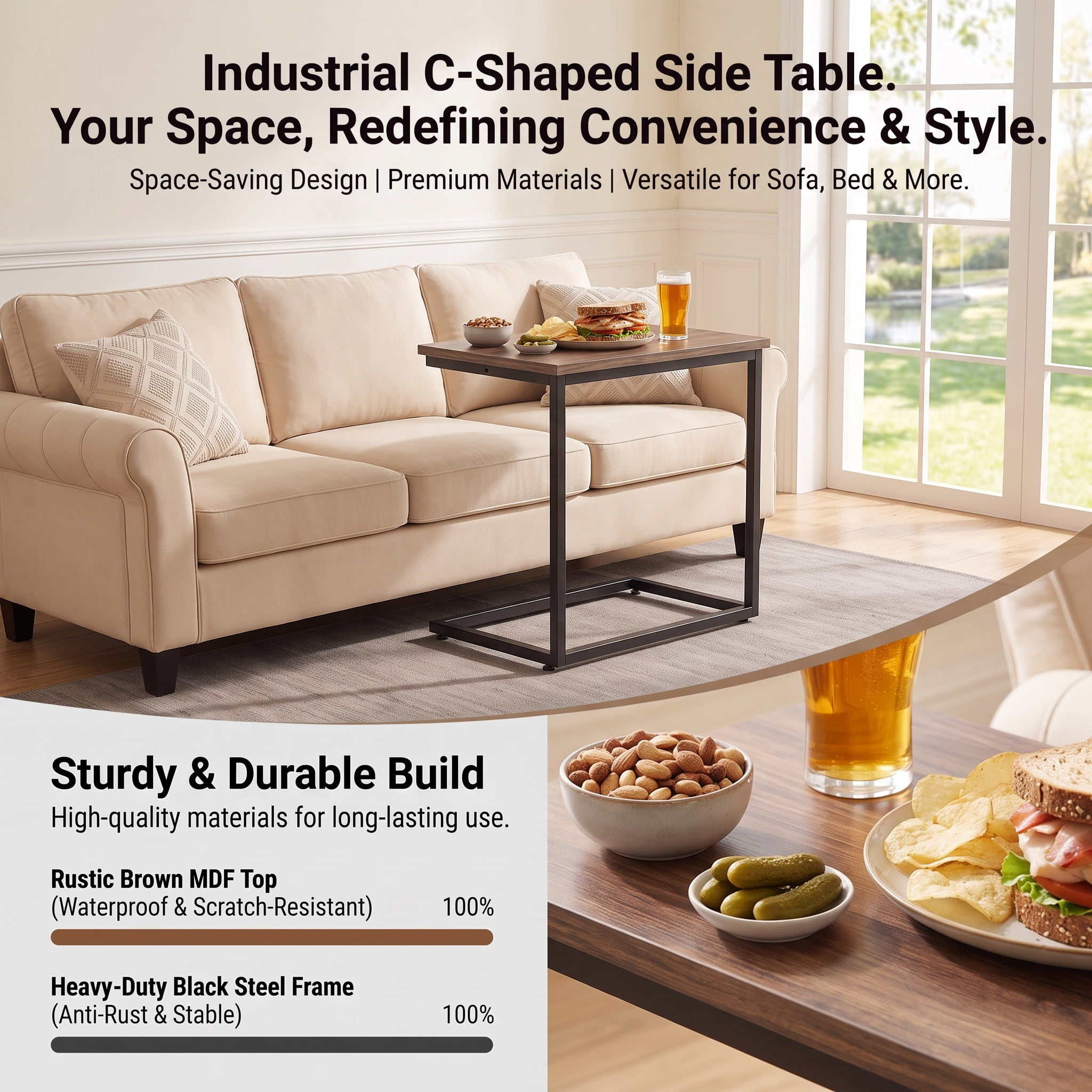 C Shaped End Sofa Table, Vintage Side Couch Table for Living Room