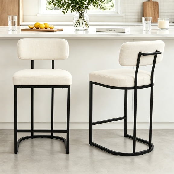 ClinQ Modern Bar Stools Set of 2, Upholstered Counter Height Bar Chairs with Sturdy Metal Frame and Backrest for Kitchen Island, Beige