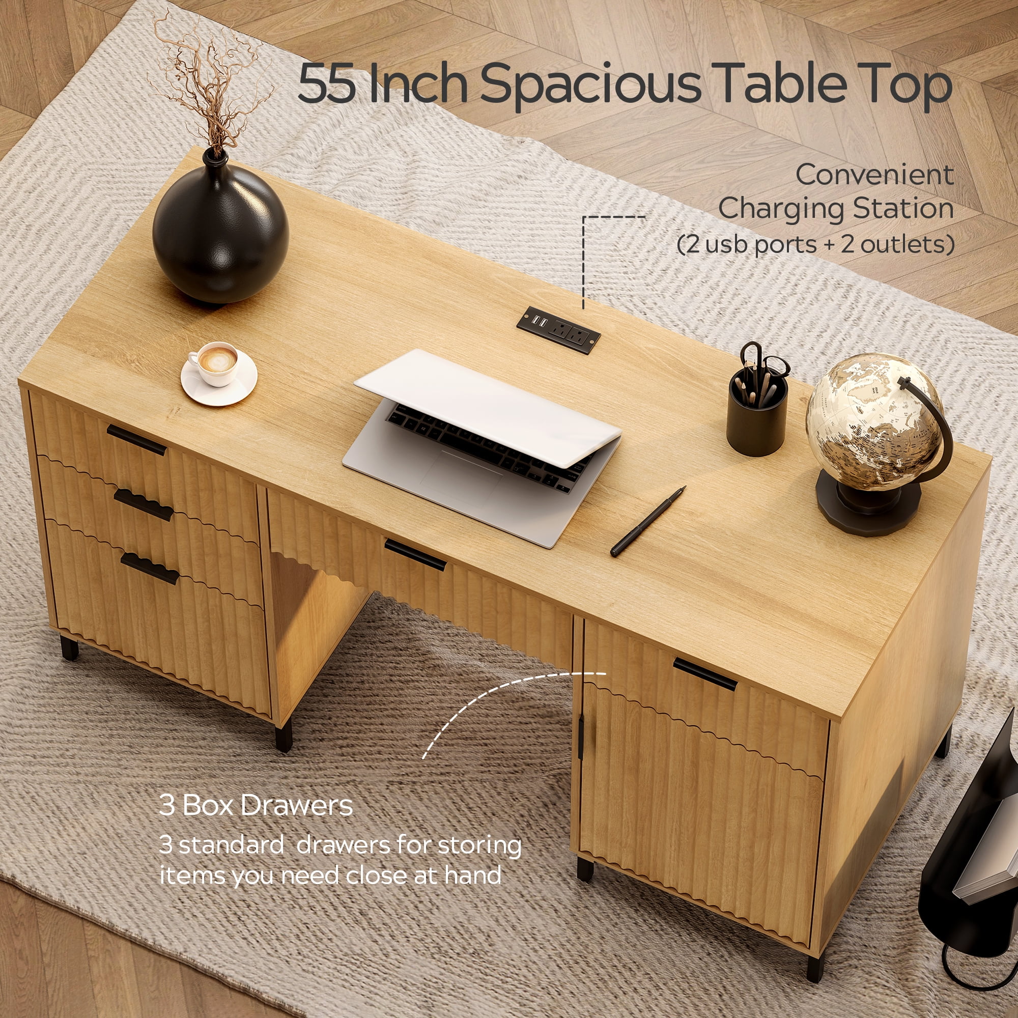 EYYTHUNG 55" Fluted Executive Desk, Modern Wood Computer Writing Desk Home Office Desk with Charging Station, Keyboard Tray, File Drawer, Storage Cabinet