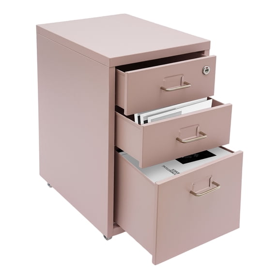 Movable Vertical File Cabinet, 3 Drawer Lateral File Cabinets with Lock, Filing Cabinet Under Desk (Pink)