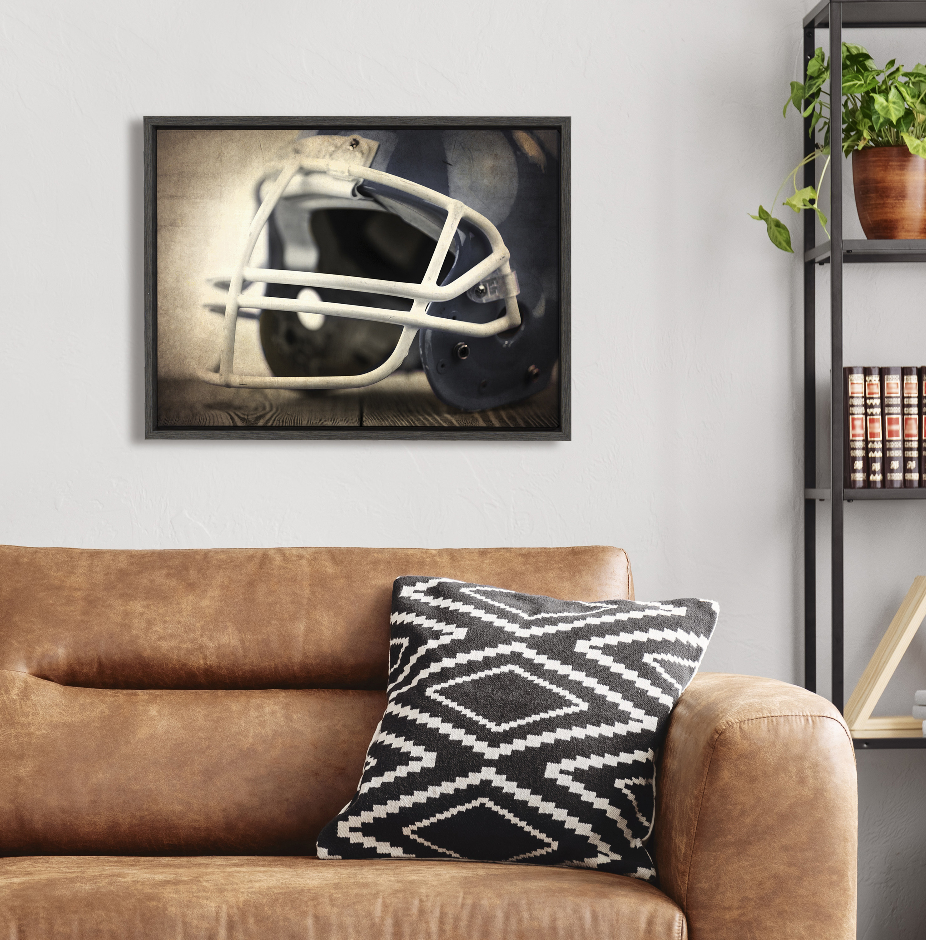 DesignOvation Sylvie Vintage Football Helmet Framed Canvas By Shawn St.  Peter, 18x24 Dark Grey, Transitional Sports Wall Decor For Office, Bedroom,  Or Living Room
