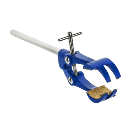 4 Prong Cork Lined Clamp on Stainless Steel Rod - 4.1 Max Clamp Opening 5.5 Connecting Rod - Powder Coated Aluminum Alloy Clamp - Research Industrial Laboratory Grade - Eisco Labs