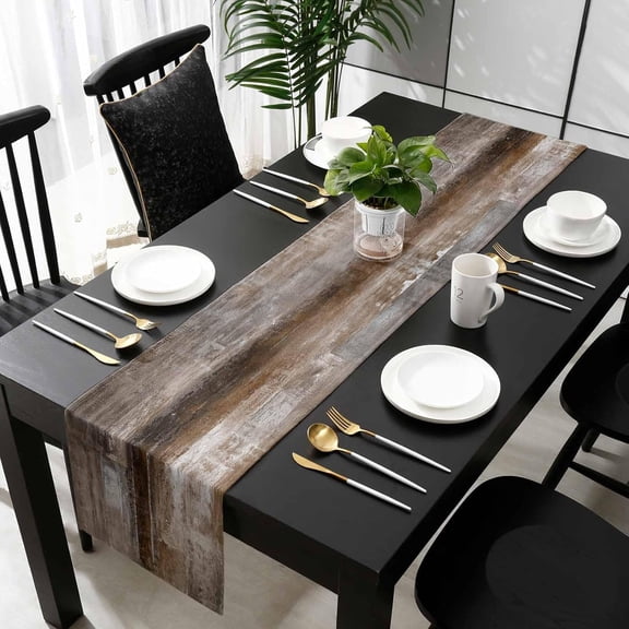 Brown Black Ombre Cotton Linen Table Runner 13 x 72 inch Vintage Neutral Graffiti Abstract Art Non-Slip Rectangular Dining Table Decor for Wedding Party Holiday Dinner