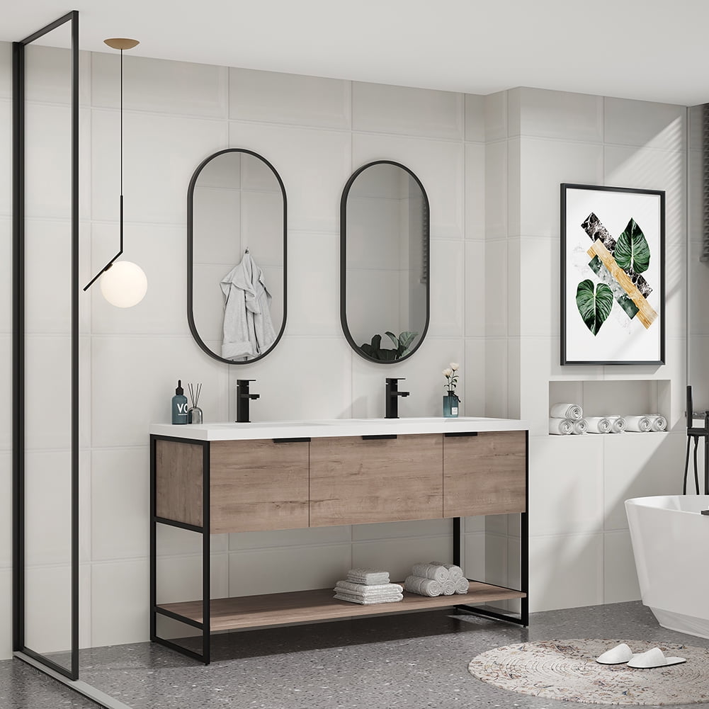 Kepooman 59" Bathroom Vanity, Modern Floating Bathroom Cabinet with Doors and Drawer, Imitative Oak Kepooman 59" Bathroom Vanity, Modern Floating Bathroom Cabinet with Doors and Drawer, Imitative Oak