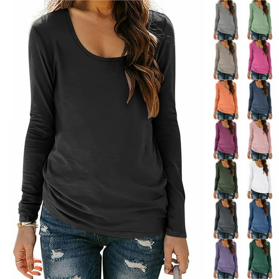 Otntypg Long Sleeve Shirts for Women Lightweight Casual Fall Spring Crew Neck Basic Athletic Workout Tees Fashion Outfit Pullover Sweatshirt Tops Black XXL