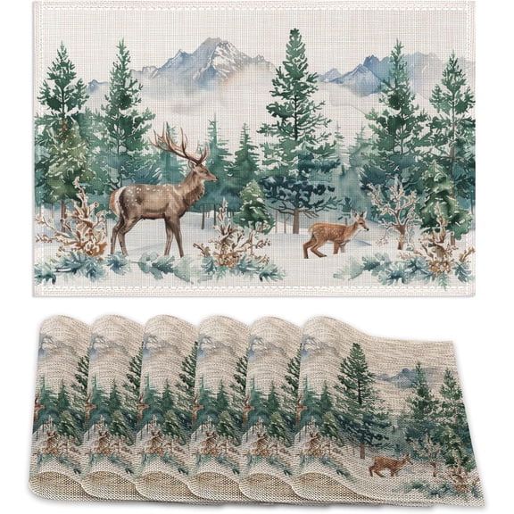 6 Pcs Placemats,Forest Mountain Placemats,Deer Trees Table Mats Washable Recyclable Table Placemat for Indoor Outdoor Heat Resistant Kitchen Dining 12"x18"