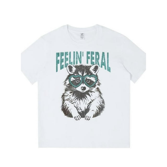 Women's Casual Short-Sleeve T-Shirt with Playful Raccoon & Heart Glasses Light Beige Breathable Fabric, Relaxed Fit, Machine Washable, Cute T Shirts, Trendy Top, Comfortable Fit, Printed Shirt,