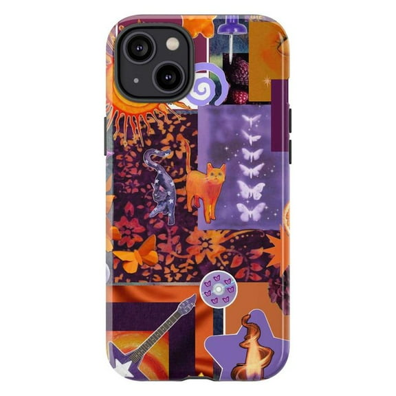 Psychedelic Art Collage Phone Case, Sun Cat Guitar Purple Orange Protective Cover for iPhone 17 16 15 14 13 12 11 Pro Plus Mini