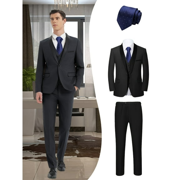Beauty-Emily Men’s 4-Piece Formal Suit Set, Blazer, Vest, Pants & Blue Tie, British Style Slim Fit Attire for Groom, Weddings & Banquets