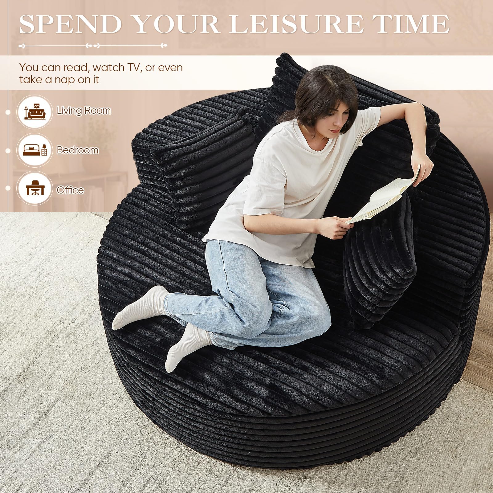 Aukfa 55" Oversized Round Chaise Lounge Chair Indoor, Corduroy Upholstered Sleeper Chair with Deep Seat & Pillows, Black